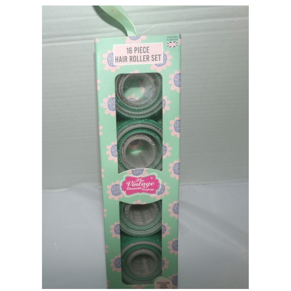 The Vintage Cosmetic Company 16 Piece Hair Roller Set Green Floral Box New
